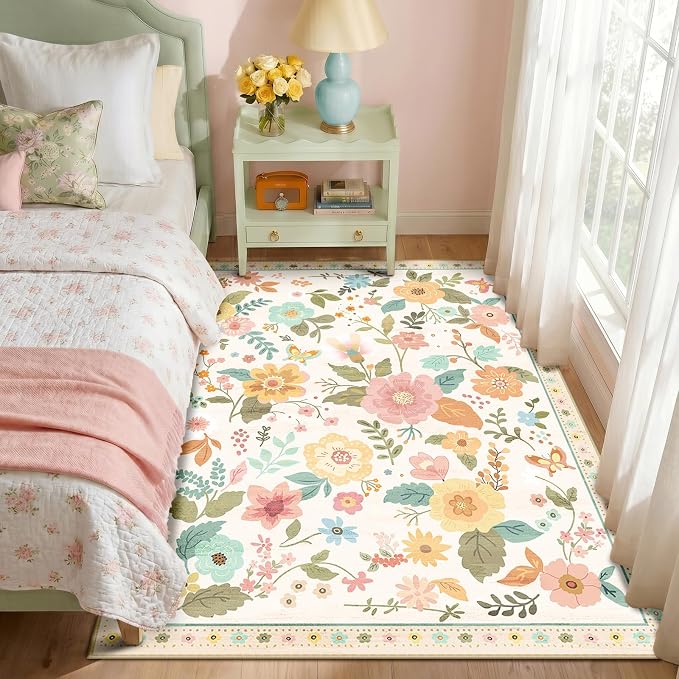 RELEANY Floral 4x6 Area Rugs Washable Print Boho Cute Carpet Non Slip Flower - Image 2