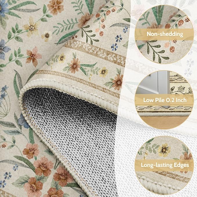 Beige Floral Area Rug 5x7, Neutral Washable Girls Bedroom Rug - Image 5