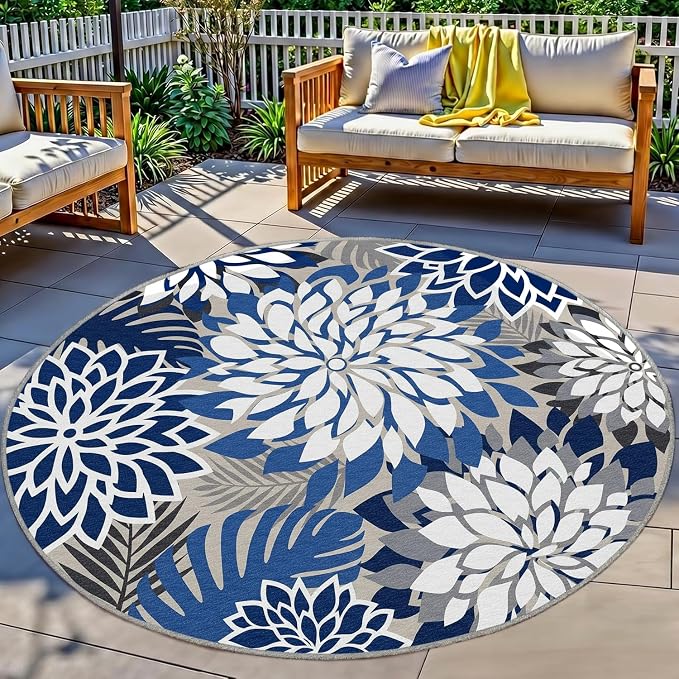 6x6 Outdoor Area Rug Washable Multicolored Patio Rug Tropical Botanical Floral by ArenaRug