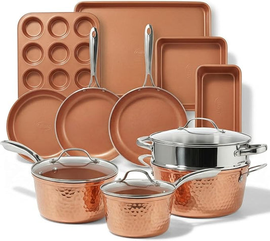 Gotham Steel Hammered 15 Pc Ceramic Cookware Set Nonstick, Induction Pots and by GothamSteel
