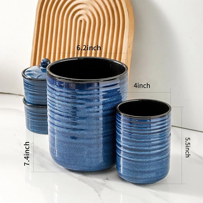 HASENSE Ceramic Utensil Holder Set of 2, Modern Farmhouse Kitchen Utensil Crocks - Image 2