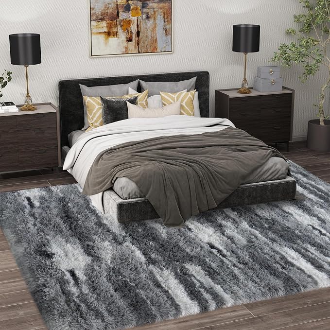 Shag Rugs for Living Room 6x9, Ultra Soft Abstract Grey Big Fuzzy Rugs for - Image 2