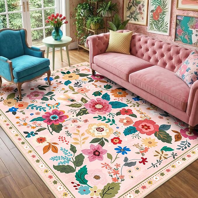 RELEANY Floral 5x8 Area Rugs Washable Print Boho Cute Carpet Non Slip Flower by RELEANY