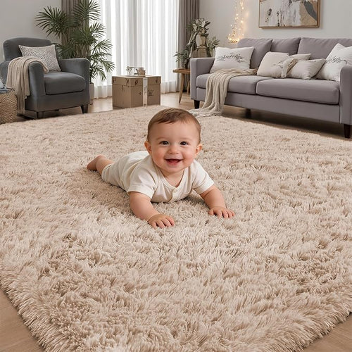 8x10 Area Rugs for Living Room Bedroom: Camel Soft Fluffy Shag Upgrade Non-Slip by PLHXFRSoftAreaRugs