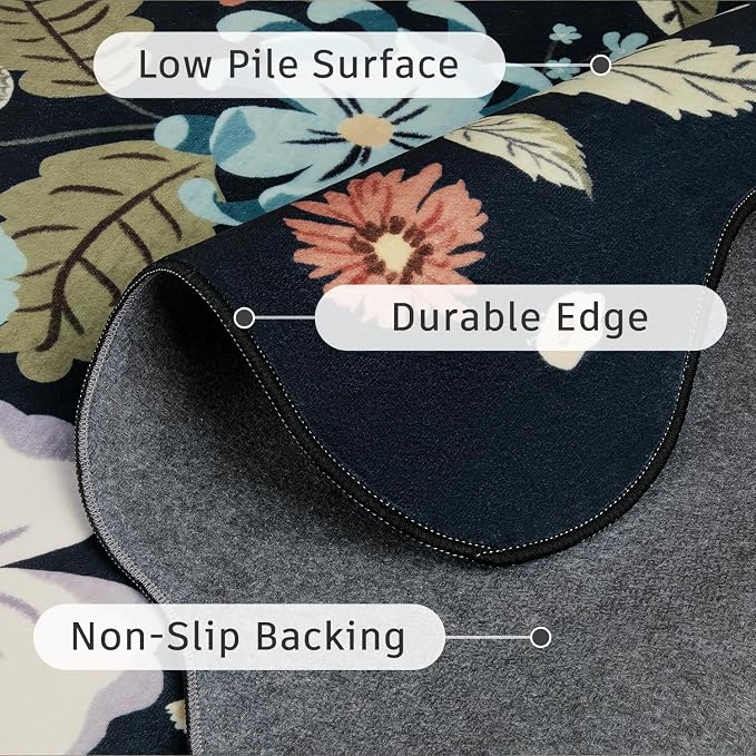 DCX Black Floral Rug 5x7, Washable Black Rug - Image 7