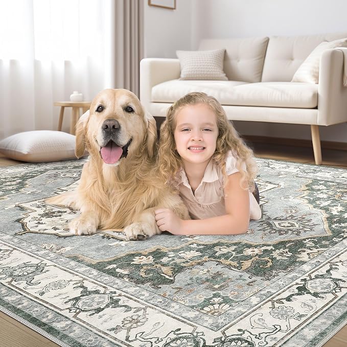 8x10 Washable Area Rug: Vintage Neutral Soft Non Slip Thin Large Floor Carpet - Image 7