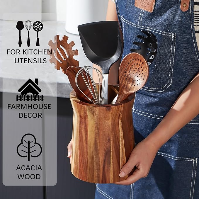 Wooden Utensil Holder for Countertop, 360° Rotating Kitchen Utensil Holder - Image 5