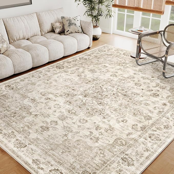 7x9 Washable Neutral Area Rug Beige Vintage Living Room Bedroom Carpet Non-Slip - Image 3