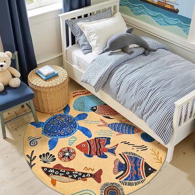 jinchan 5ft Coastal Round Rug Kids Washable Fun Rug Colorful Ocean Fish Floor - Image 2