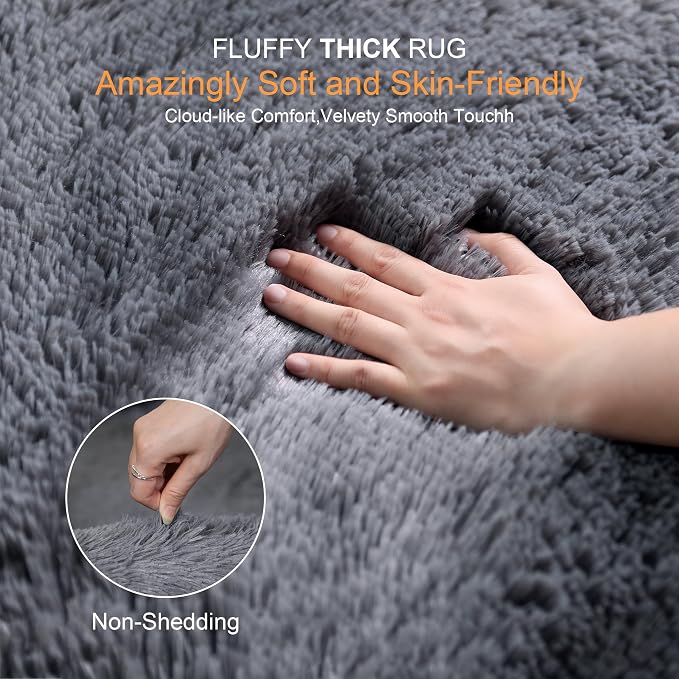 KICHOWUA Thick Area Rug Grey 6x9 Fluffy Shag - Image 2