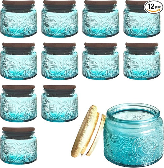 4 oz Blue Mini Glass Jars with Airtight Bamboo Lids 12 pack, Decorative Small by LINGSHINE