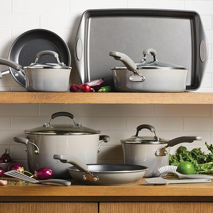 Rachael Ray Brights Nonstick Cookware Pots and Pans Set, 14 Piece, Sea Salt Gray - Image 2