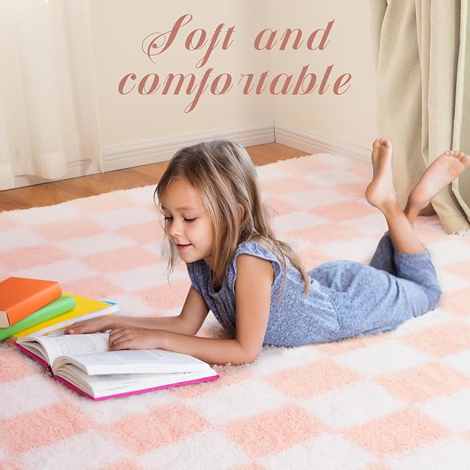Super Soft Rug for Bedroom, 6x9 Ft Pink and White Area Rug Classic Checkered - Image 5