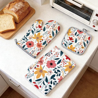 3 Pcs Kitchen Stuff, Wild Floral Kitchen Oven Mitts and Pot Holders Sets - Image 6