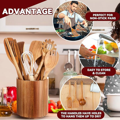 SiliFine 11 Pcs Wooden Kitchen Utensils Set - Image 4