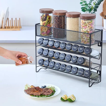 Spice Rack Organizer with 27 Spice Jars with Black Lids, Spice Labels, - Image 4