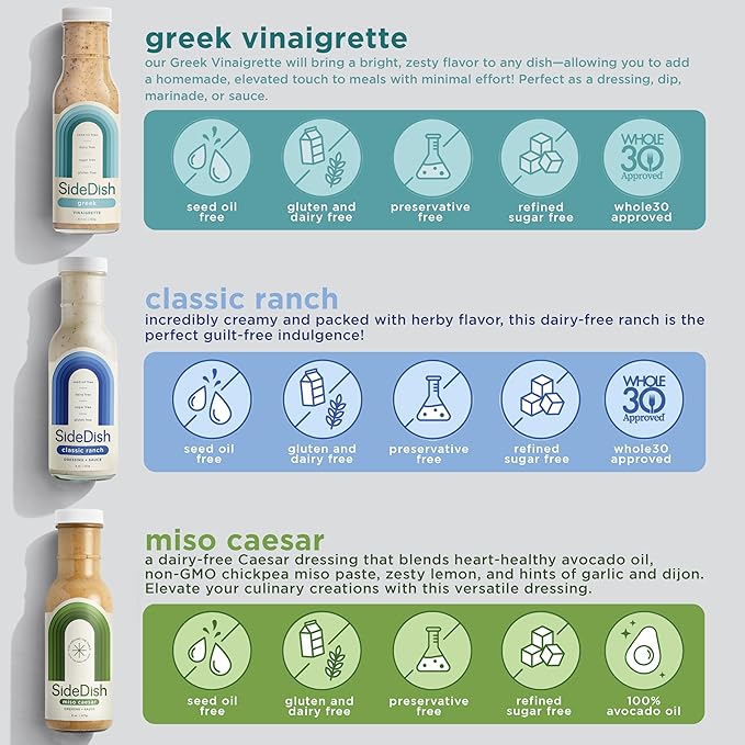 SideDish Healthy Dressing Variety Pack - Classic Ranch, Miso Caesar, Greek Vinaigrette - Seed Oil, Gluten & Dairy Free Salad Dressing w/Avocado Oil - Refined Sugar Free Umami Sauce for Dinner Recipes