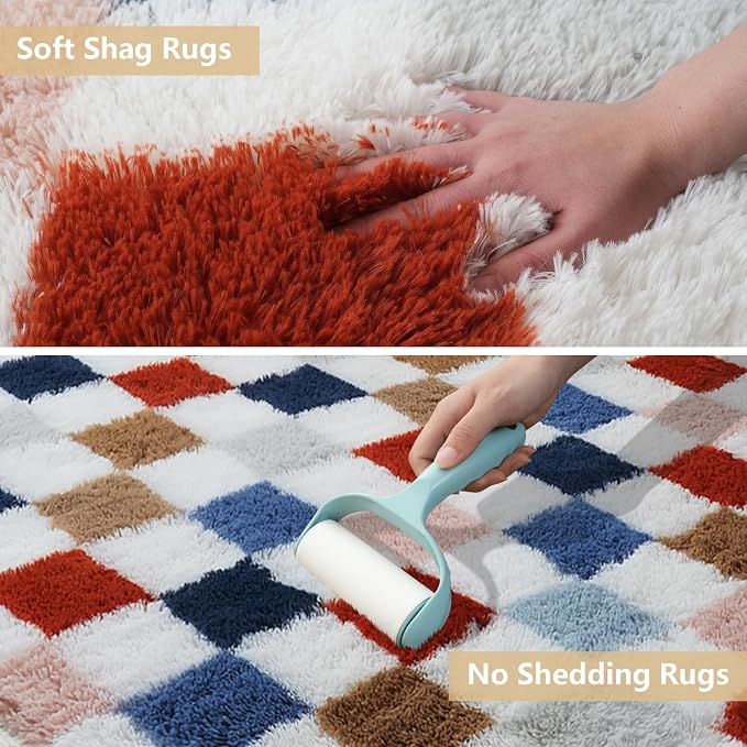 Shag Area Rug for Bedroom Living Room, 4x6 Fluffy Soft Colorful Checkered Rug - Image 5