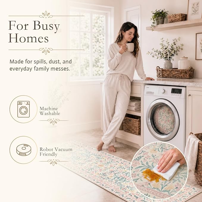 Wonnitar Floral Washable Runner Rug, Boho Non Slip Soft 8ft Long Carpet - Image 5