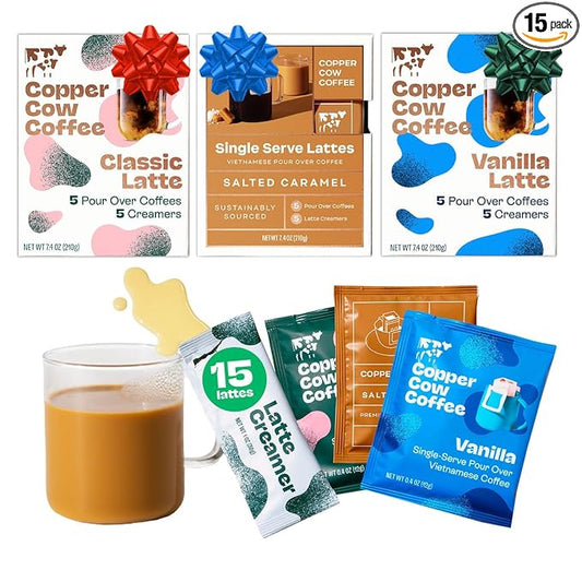Copper Cow Premium Vietnamese Coffee Variety Pack (15 Coffees & 15 Creamers)| Classic Black, Vanilla, & Salted Caramel Latte | Pour Over Single-Serve Lattes, No Refrigeration Needed, Travel Friendly