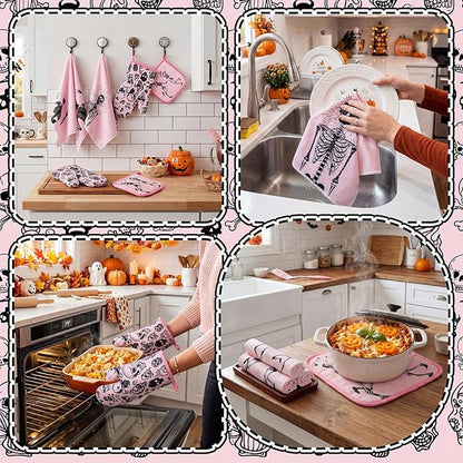 Leinuosen 8 Pcs Skull Kitchen Decor Set Kitchen Towels Gothic Oven Mitts and - Image 5