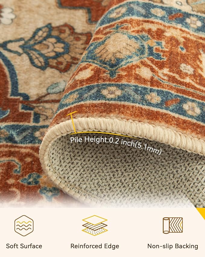 RELEANY Area Rugs Round 4ft Washable Non-Slip, Floral Vintage Distress - Image 3