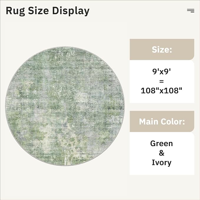 Soalmost 9x9 Green/Ivory Round Rug 9ft Living Room Circle Rug Vintage Round - Image 5