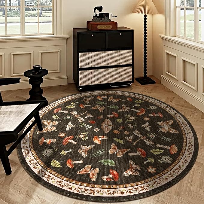 Mushroom Insect 3ft Round Rug Washable Non-Slip Soft Ultra-Thin Small Boho by ROYHOME