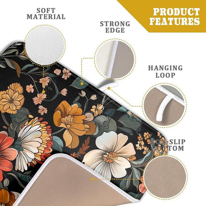 Vintage Floral Dish Drying Mat 16x18 inch Boho Flower Drainer Mats Fast Dry - Image 4