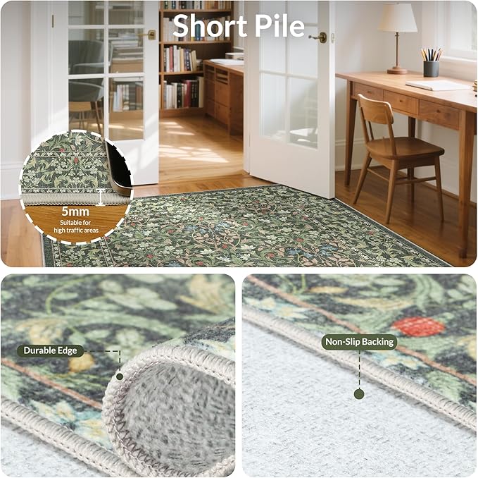 GENIMO 9x12 Washable Area Rug, Non-Slip Vintage Boho Floral Carpet, Soft - Image 5