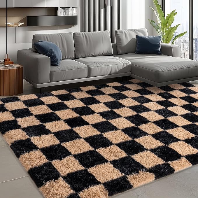 Shag Rugs for Living Room 5x7, Ultra Soft Checkered Black Beige Big Fuzzy Rugs - Image 3