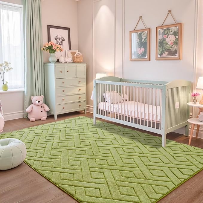 4x6 Green Washable Area Rug for Bedroom, Modern Geometric Shag Non-Slip Living - Image 5