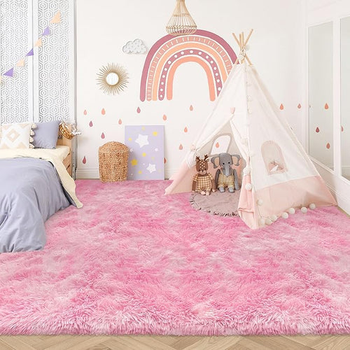 8x10 Pink Area Rugs for Bedroom Girls Room, Tie-Dyed Fluffy Pink Rug for by TENNOLA