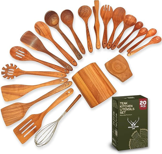 20 Pcs Teak Wooden Utensil Set – Premium Cooking Utensils Set, Natural Wooden by WOODLANDSUSA