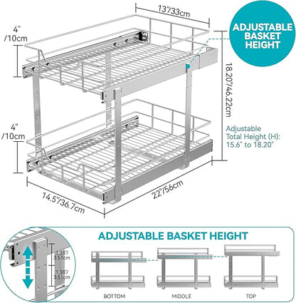 2 Tier Pull Out Cabinet Organizer 14" W X 22" D, Slide Out Drawers - Image 2