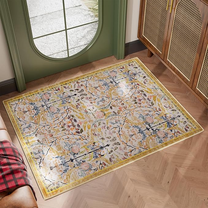 AMTOVO 2x3 Washable Indoor Welcome Door Mat, Vintage Boho Floral Distressed by AMTOVO