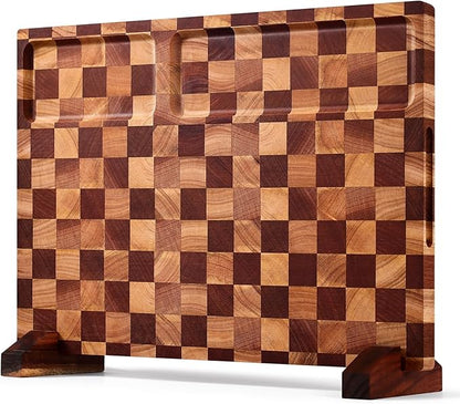 Checkered Cutting Board with Stand, Dual-Sided Wood Cutting Board with Juice by BIEOFFEI
