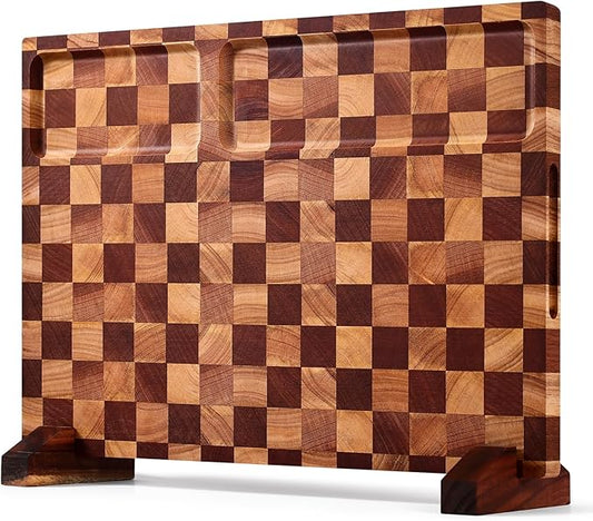 Checkered Cutting Board with Stand, Dual-Sided Wood Cutting Board with Juice by BIEOFFEI