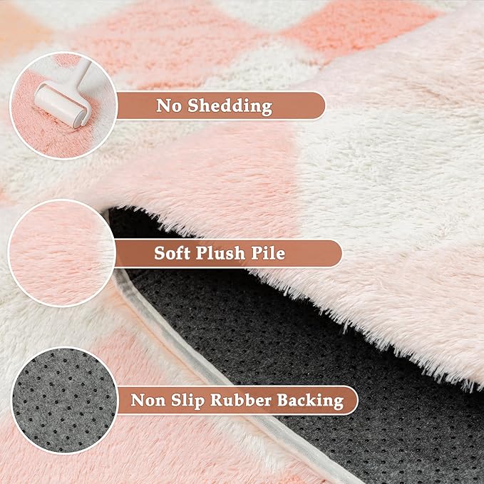 PureCozy Checkered Rug 8x10 Fluffy Shag Living Room Pink Area Rug Modern - Image 6