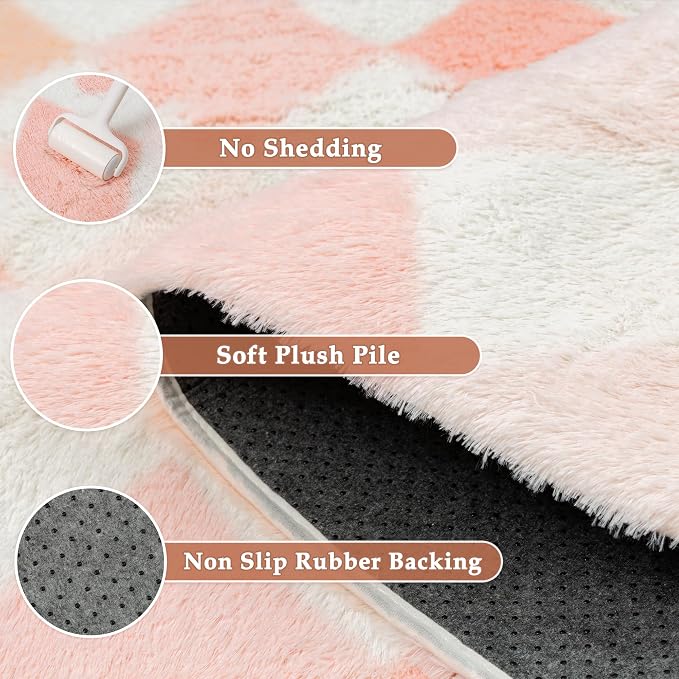 PureCozy Checkered Rug 5x7 Fluffy Shag Living Room Pink Area Rug Modern - Image 6