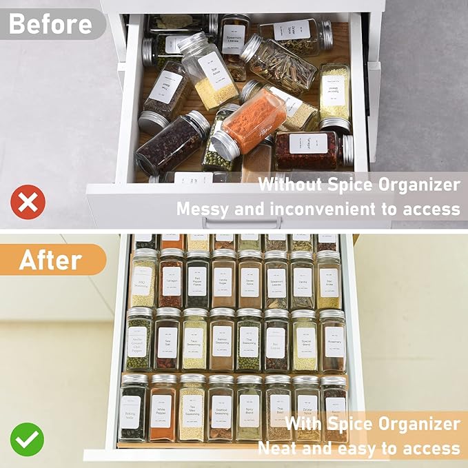 Spice Drawer Organizer with 18 Spice Jars, 216 Labels, 25 Non-slip Rubber - Image 5