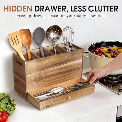 Acacia Wood Kitchen Utensil Holder - Image 2