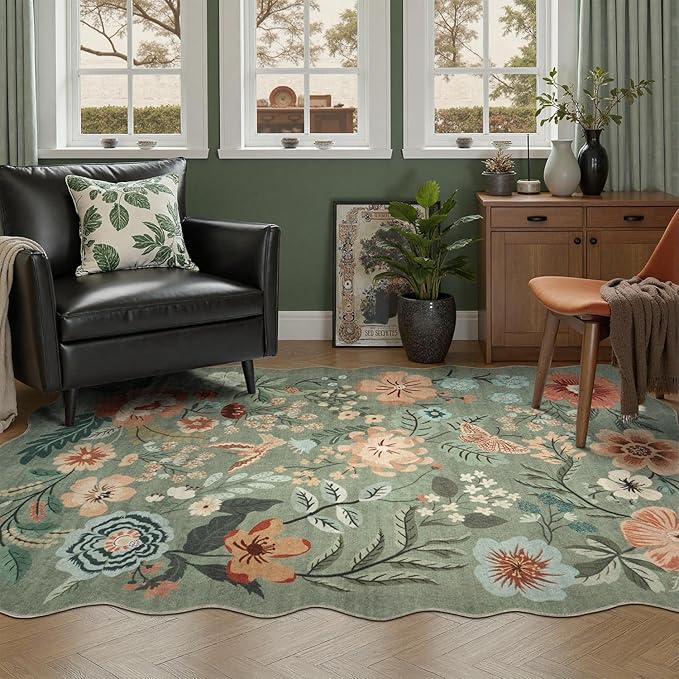 DCX Vintage Floral Rug 9x12, Washable Sage Green Rug - Image 6
