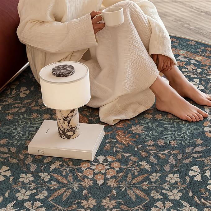 jinchan Zenith Round Rug 7ft Area Rug Soft 7'Round Vintage Floral Rug Non-Slip - Image 5