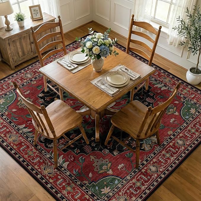 RELEANY Area Rugs Square 8ft Washable Non-Slip, Floral Vintage Distress by RELEANY