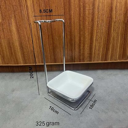Steel Upright Ladle Holder Square White Ceramic Bowl Spoon Rest Rack Cooking - Image 3