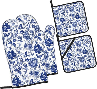 Blue and White Porcelain Floral Butterfly Oven Mitts and Pot Holders Set of 4 by Unknown