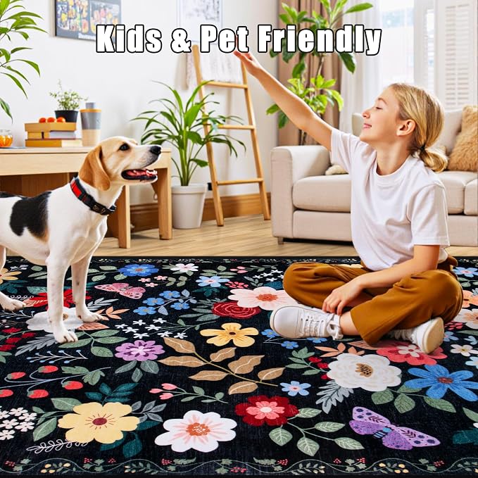 Round Area Rug for Living Room: 8 ft Floral Washable Circle Rug Soft Boho - Image 6