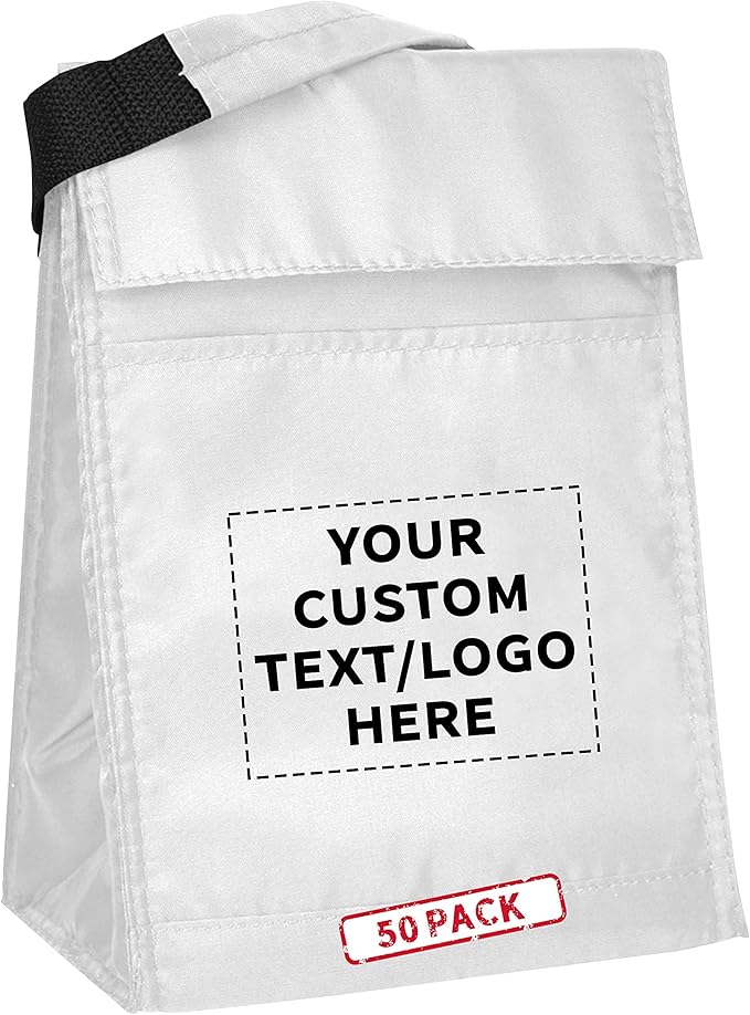 DISCOUNT PROMOS 50 Hook and Loop Insulated Lunch Bags Set - Customizable Text, Logo - Polyester, Durable, Vibrant, Reusable - White