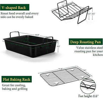 E-far Roasting Pan with Racks, Small Stainless Steel Turkey Roaster with - Image 2